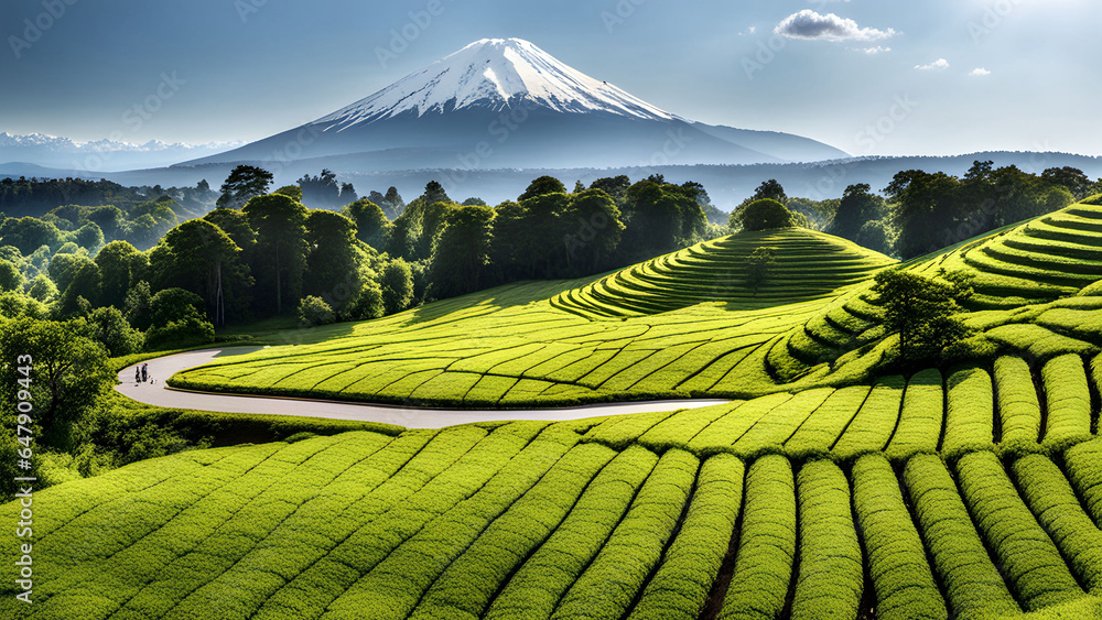 Obraz premium Beautiful tea plantations landscape at sunset