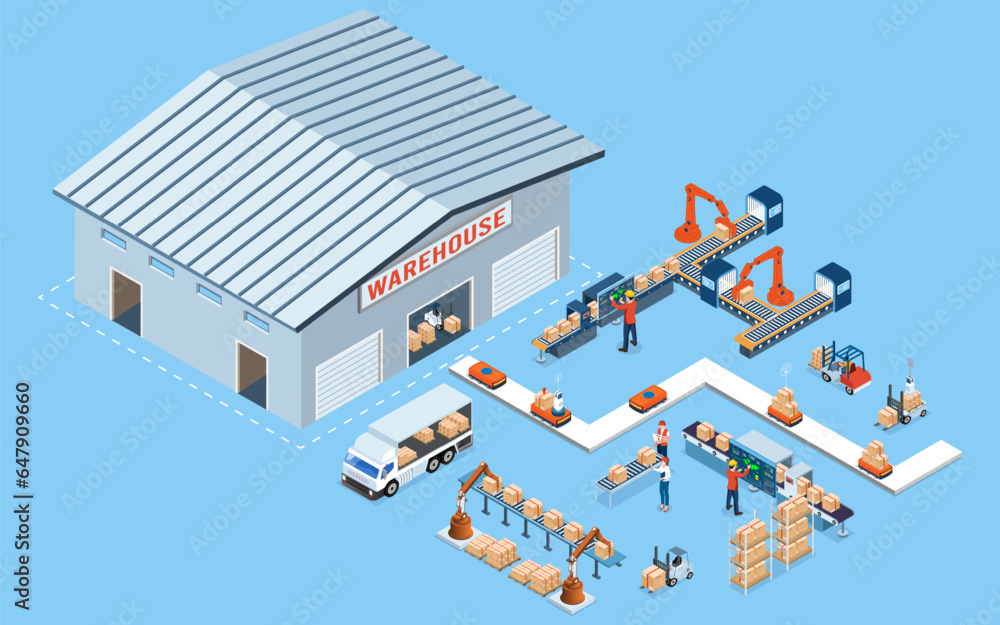 Smart Warehouse Technology and Automated Warehouse Robots Concept with Industry 4.0, Transportation forklift and Autonomous Robot Transportation operation service. Vector illustration EPS 10 Smart Warehouse Technology and Automated Warehouse Robots Concept with Industry 4.0, Transportation forklift and Autonomous Robot Transportation operation service. Vector illustration EPS 10