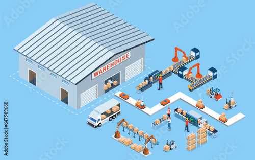 Smart Warehouse Technology and Automated Warehouse Robots Concept with Industry 4.0, Transportation forklift and Autonomous Robot Transportation operation service. Vector illustration EPS 10