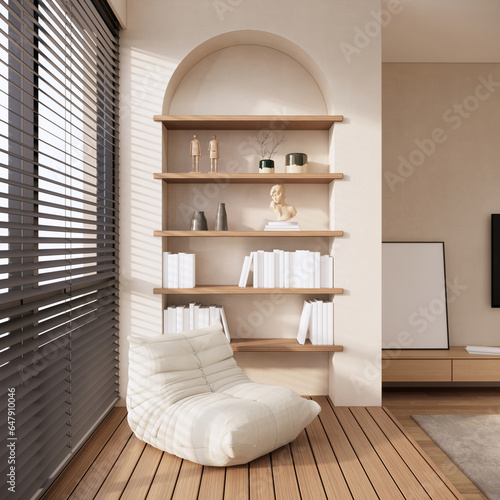 cosy room with chair and bookshelf, modern minimal living room interor design 3D rendering