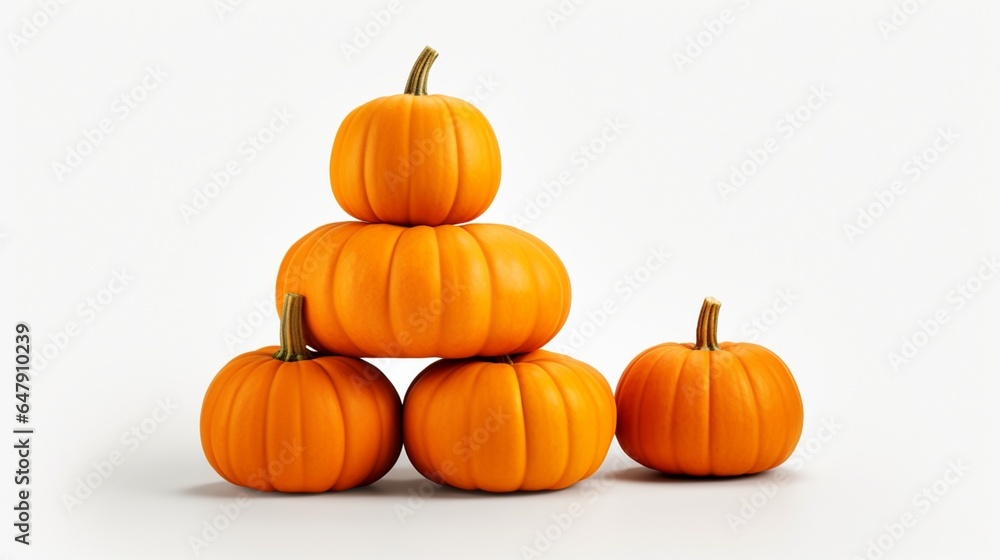 Produce a lifelike representation of a stack of orange pumpkins on a white isolated canvas.