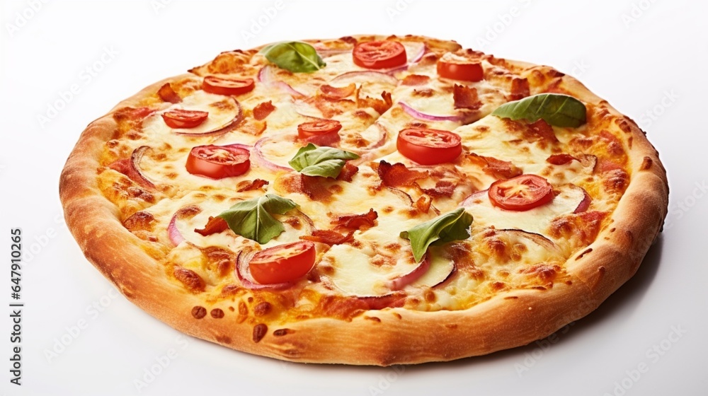 Produce a mouthwatering image of a pizza pie, highlighting its deliciousness on a pristine white solid canvas background