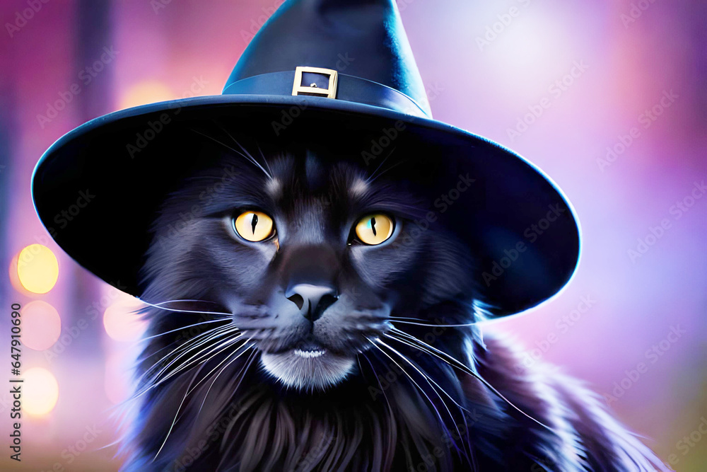 black hat wearing wizard or witchery hat, halloween symbol, festive background
