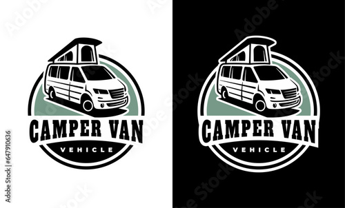 RV recreational vehicle badge design. Camper van motorhome vector emblem