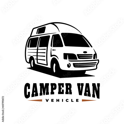 RV recreational vehicle badge design. Camper van motorhome vector emblem