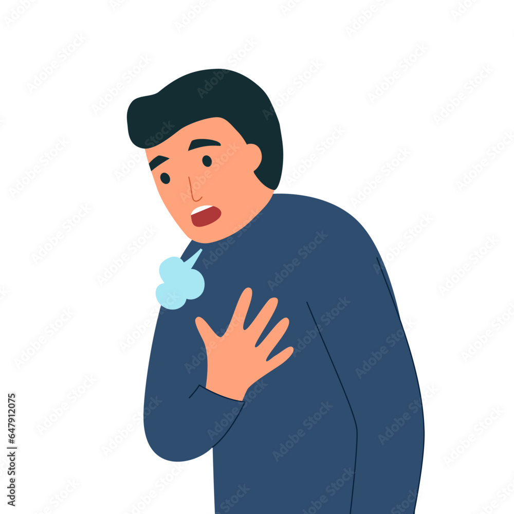 Man pressing against his chest with a shortness of breath symptom in flat design on white background. Difficulty breathing. Man pressing against his chest with a shortness of breath symptom in flat design on white background. Difficulty breathing.