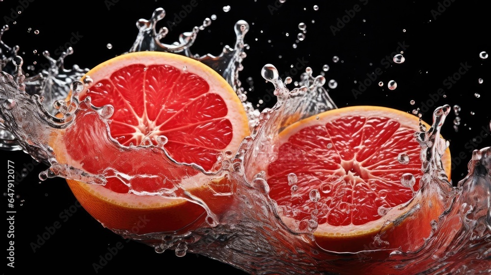 fresh grapefruits splashed with water on black and blurred background fresh grapefruits splashed with water on black and blurred background