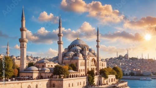 Suleymaniye mosque in Sultanahmet district old town of Istanbul, Turkey, Sunset in Istanbul, Turkey with Suleiman Mosque, Beautiful sunny view of Istanbul with old mosque in Istanbul, Turkey. photo
