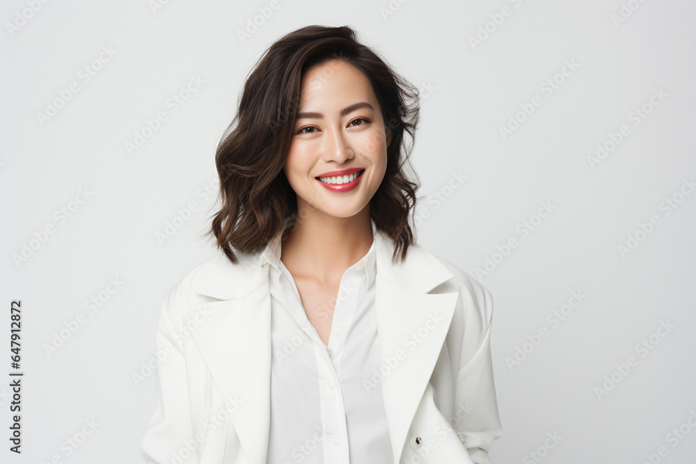 Against a bright white background, a poised and intelligent young Asian woman, elegantly attired in a light gray suit coupled with a pristine white shirt, delivers a presentation. Generative AI. Against a bright white background, a poised and intelligent young Asian woman, elegantly attired in a light gray suit coupled with a pristine white shirt, delivers a presentation. Generative AI.