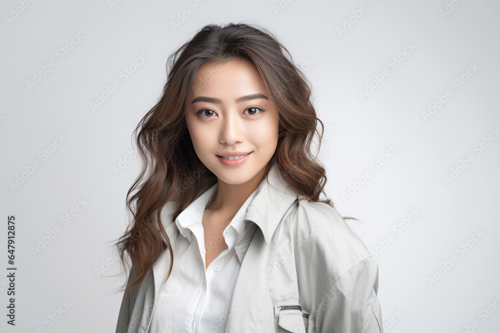 Against a bright white background, a poised and intelligent young Asian woman, elegantly attired in a light gray suit coupled with a pristine white shirt, delivers a presentation. Generative AI. Against a bright white background, a poised and intelligent young Asian woman, elegantly attired in a light gray suit coupled with a pristine white shirt, delivers a presentation. Generative AI.