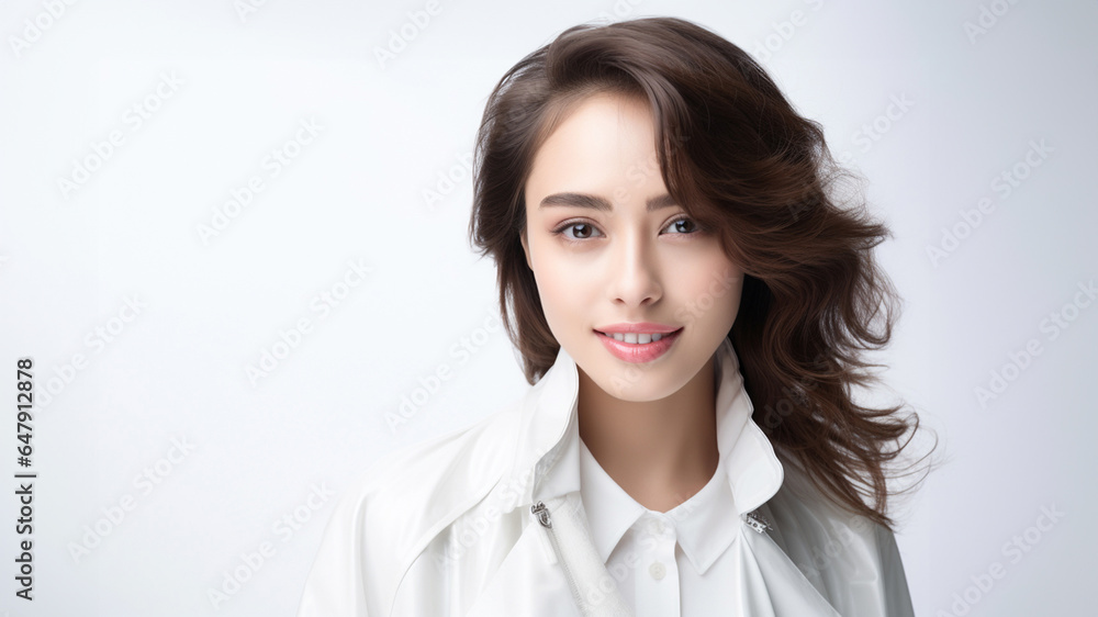 Against a bright white background, a poised and intelligent young Asian woman, elegantly attired in a light gray suit coupled with a pristine white shirt, delivers a presentation. Generative AI. Against a bright white background, a poised and intelligent young Asian woman, elegantly attired in a light gray suit coupled with a pristine white shirt, delivers a presentation. Generative AI.