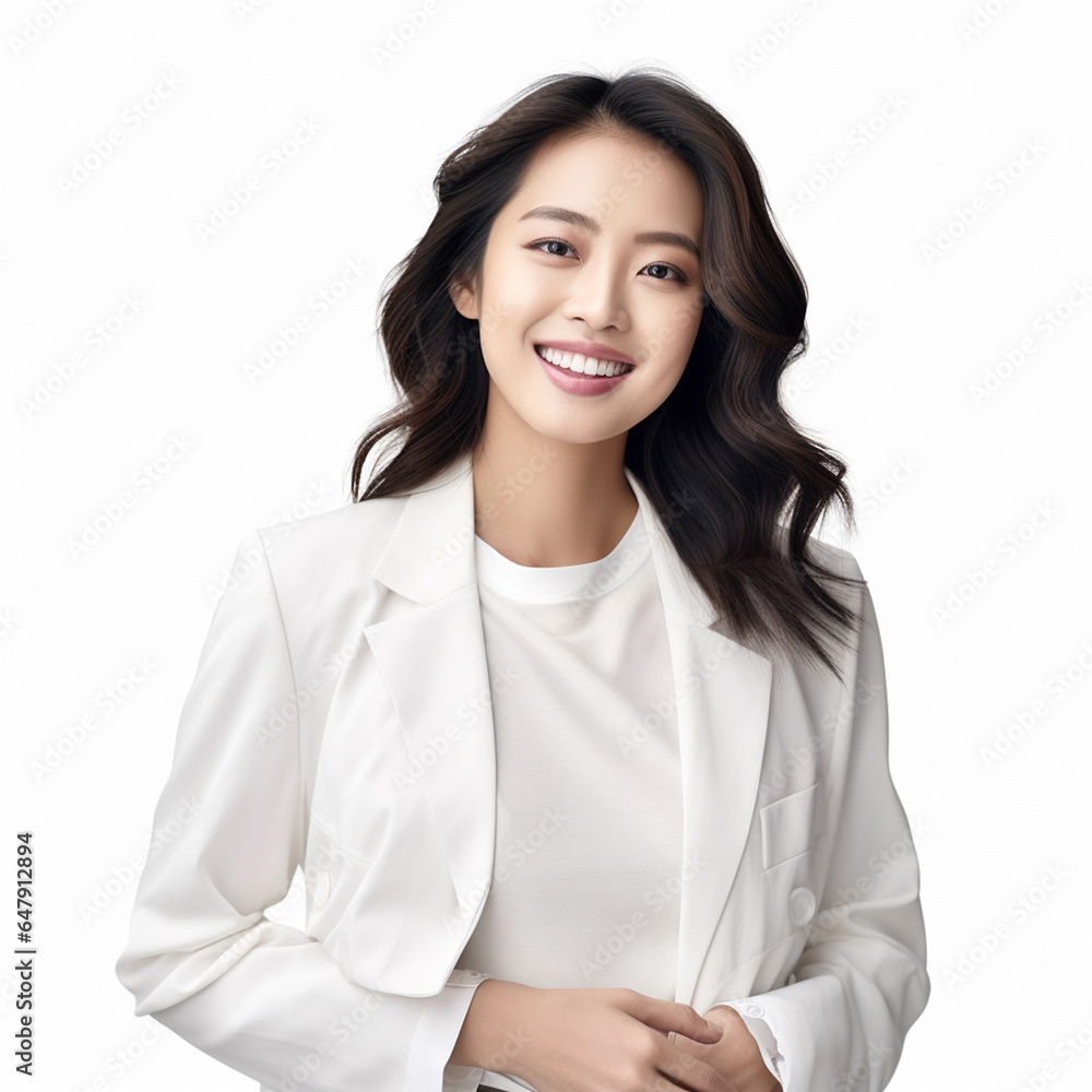 Against a bright white background, a poised and intelligent young Asian woman, elegantly attired in a light gray suit coupled with a pristine white shirt, delivers a presentation. Generative AI. Against a bright white background, a poised and intelligent young Asian woman, elegantly attired in a light gray suit coupled with a pristine white shirt, delivers a presentation. Generative AI.