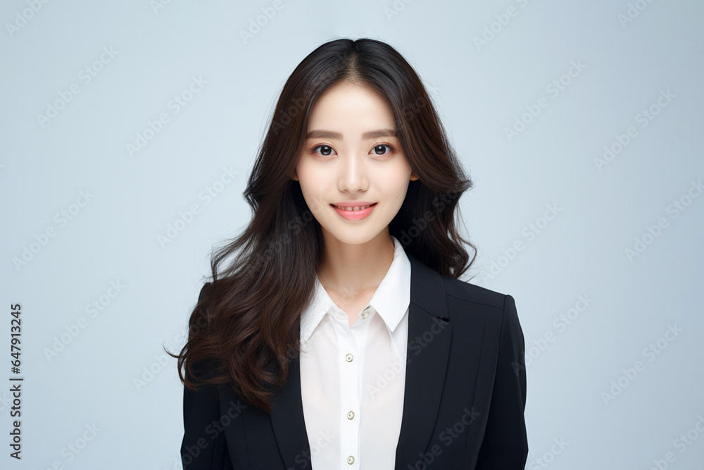 A confident and clever young Asian woman, dressed in a dark gray suit paired with a crisp white shirt, delivers a presentation on a White gray backdrop. Generative AI. A confident and clever young Asian woman, dressed in a dark gray suit paired with a crisp white shirt, delivers a presentation on a White gray backdrop. Generative AI.