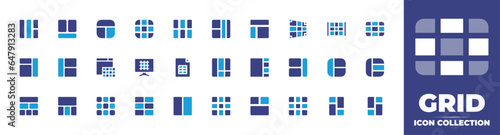 Grid icon collection. Duotone color. Vector and transparent illustration. Containing grid lines, list, grid, layout, bars, right, left sign, sitemap, framework, pieces, sheet, and more.