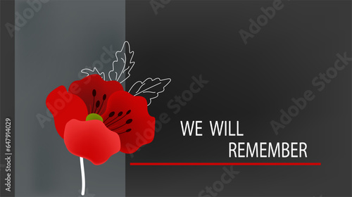 Remembrance Day horizontal cartoon banner. Lest We forget. Red poppy flowers.