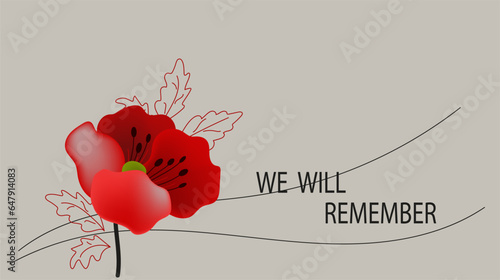 Remembrance Day horizontal cartoon banner. Lest We forget. Red poppy flowers.