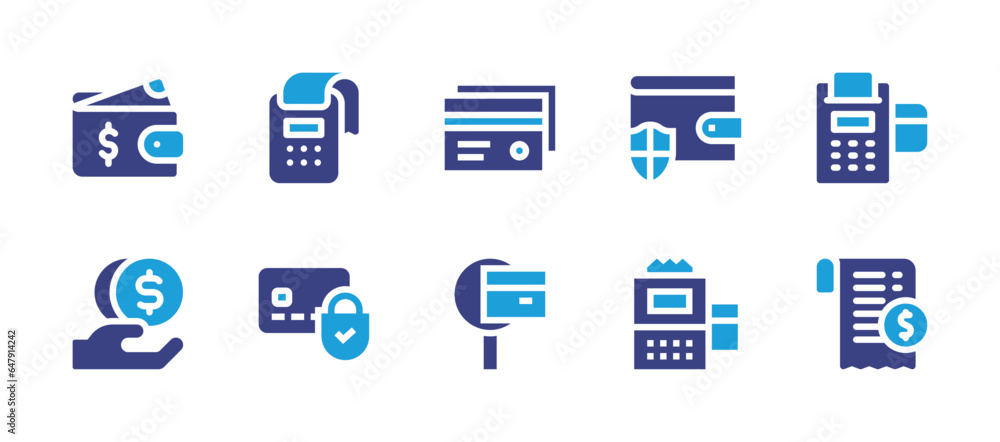 Payment icon set. Duotone color. Vector illustration. Containing transaction history, wallet, payment terminal, loan, secure payment, pos terminal, credit card, check.