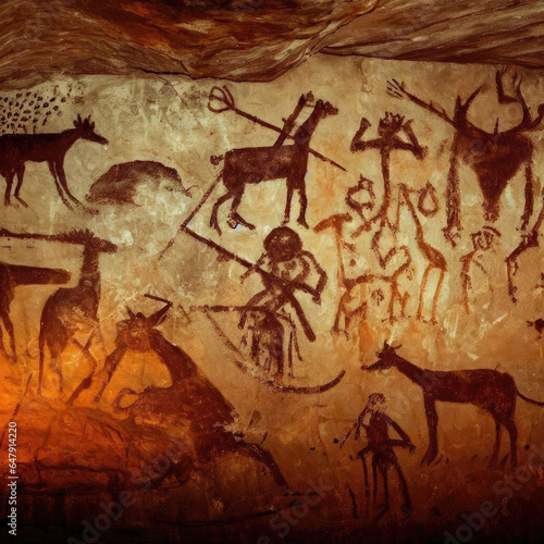 Drawings of prehistoric hunting life on cave walls. 