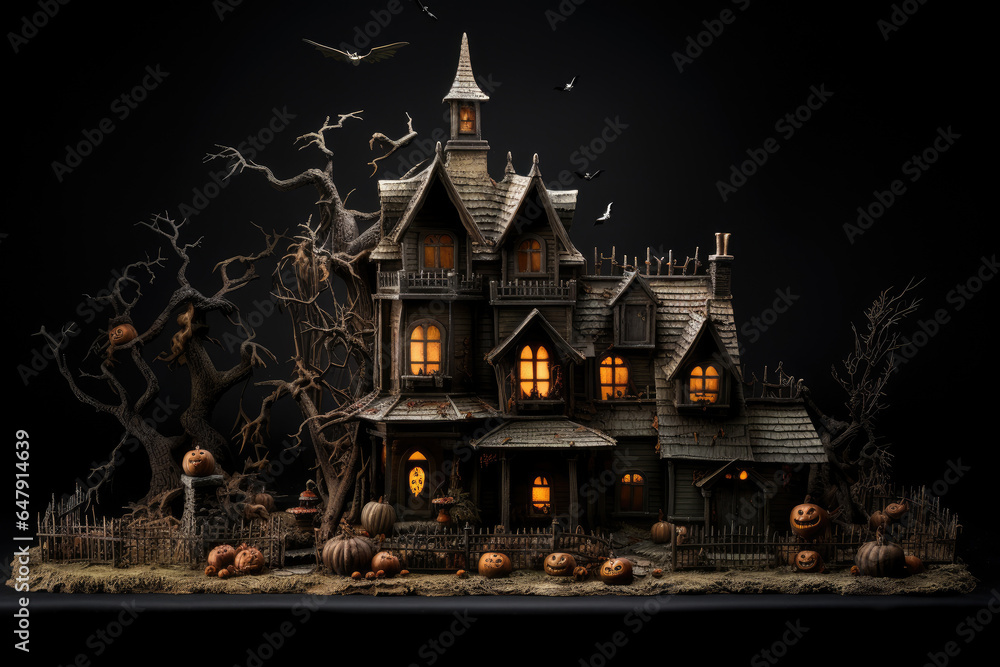 Obraz premium Dark haunted house decoration for Halloween party background with Pumpkin candle in Spooky Night, ghost day design concept, Horror creepy Houses scene.