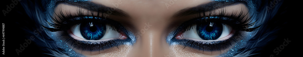 Un gros plan des yeux d'une jolie femme avec du maquillage bleu scintillant - obrazy, fototapety, plakaty 