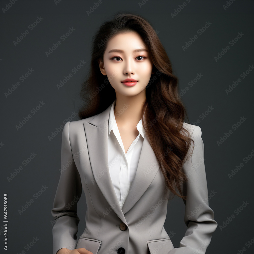 A confident and clever young Asian woman, dressed in a light gray suit paired with a crisp white shirt, delivers a presentation on a dark backdrop. Generative AI. A confident and clever young Asian woman, dressed in a light gray suit paired with a crisp white shirt, delivers a presentation on a dark backdrop. Generative AI.