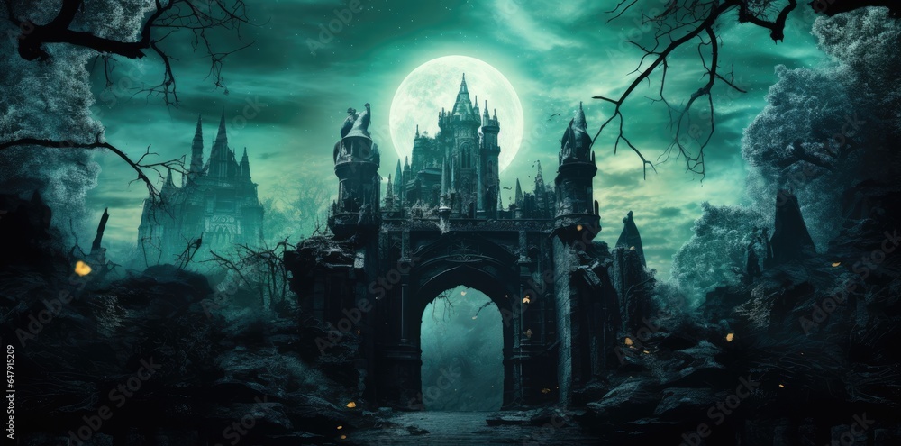 Halloween scene with a spooky castle and blue moon