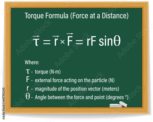 Torque Formula Force at a Distance on a green chalkboard. Education. Science. Formula. Vector illustration.