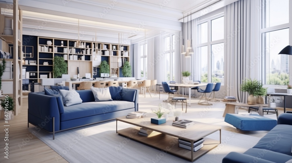 View of minimalist modern interior design huge bright apartment with an open ...