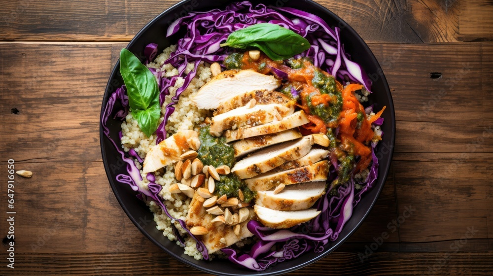 nutty chicken salad with grilled thyme chicken, spinach, red cabbage, white cabbage, quinoa, toasted peanuts, carrot, spicy ginger dressing on wooden background nutty chicken salad with grilled thyme chicken, spinach, red cabbage, white cabbage, quinoa, toasted peanuts, carrot, spicy ginger dressing on wooden background
