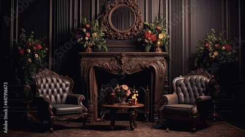 Modern dark interior with a fireplace, flowers, a cozy brown sofa with carved legs and two elegant armchairs. The stylization of the , classical design, historic interior. 8k,