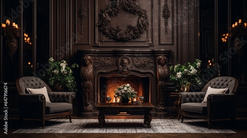 Modern dark interior with a fireplace, flowers, a cozy brown sofa with carved legs and two elegant armchairs. The stylization of the , classical design, historic interior. 8k,