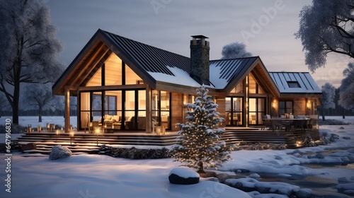 Modern exterior of luxury cottage. Private house in scandinavian style at winter evening 8k, © Counter
