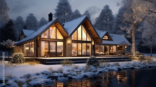 Modern exterior of luxury cottage. Private house in scandinavian style at winter evening 8k, © Counter