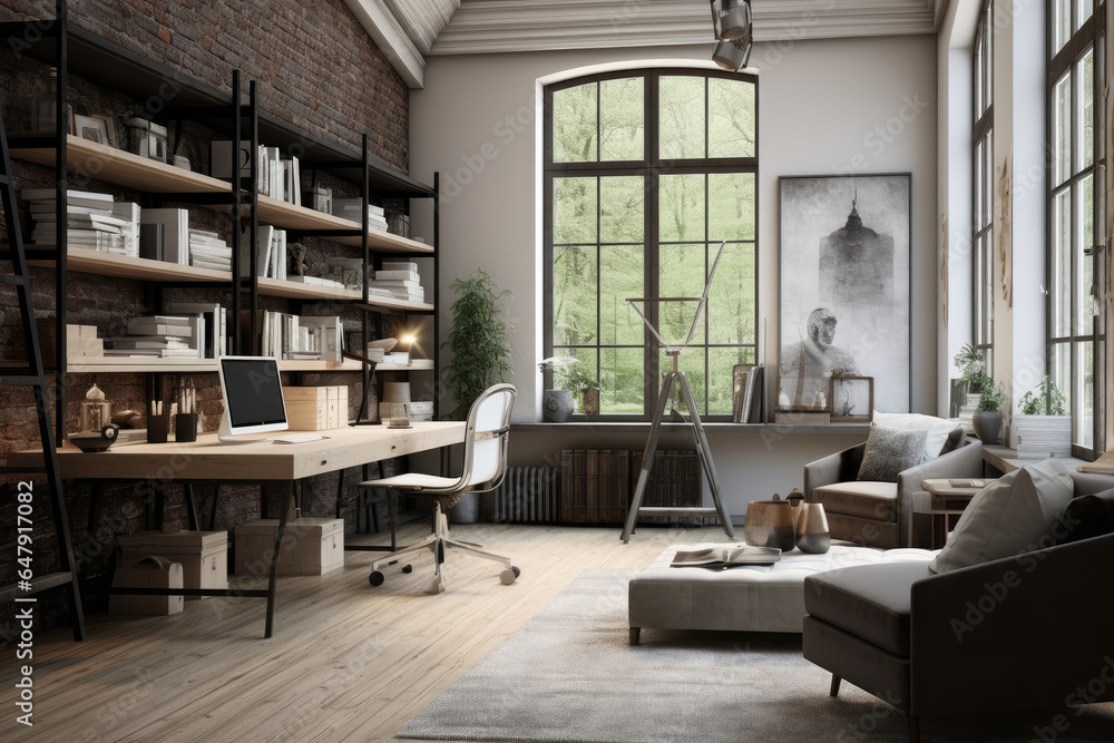 Modern home office in the living room, Convenient, comfortable, nice place to work, Remote work from home, Minimal interior decor design background. Modern home office in the living room, Convenient, comfortable, nice place to work, Remote work from home, Minimal interior decor design background.
