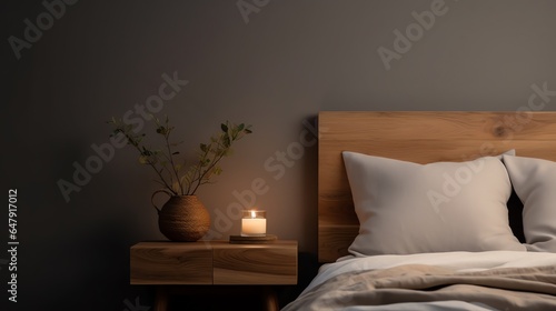 Bed and night stand with close view