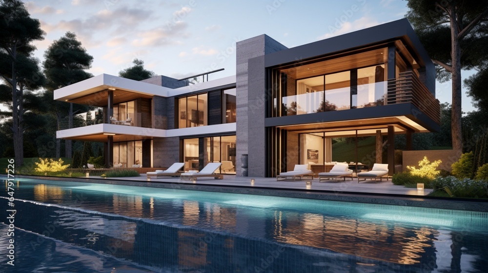 Modern house design with swimming pool 8k,