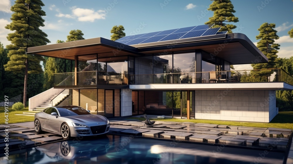 Modern house of the future. Solar panels and electric car in the yard near the pool 8k,