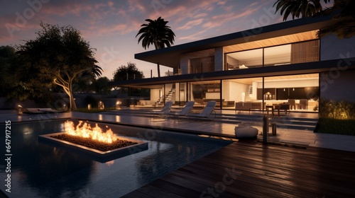 Modern house at dusk with swimming pool and barbecue in backyard 8k, © Counter