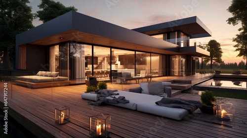 Modern house exterior with a spacious deck at sunset. 8k, © Counter