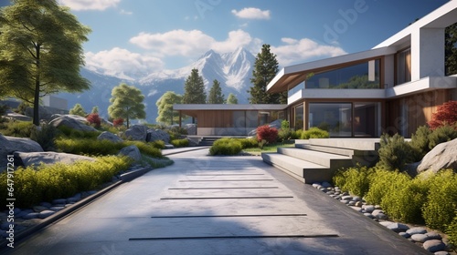 Modern house exterior with cobblestone pathway against mountains 8k,