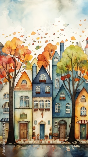 Fotografia, Obraz row houses trees foreground cute princess tan fall color abstract facades buildi