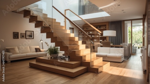 Modern interior design - stairs in wooden finishing 8k 