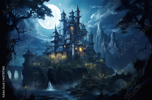 closeup castle cliff waterfall nighttime dungeon palace thousand long full moon evil villains lair photo
