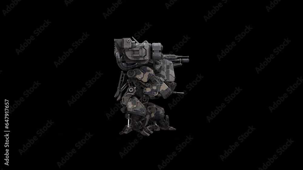 Detailed 3D model of the robot, warrior futuristic machine rendering animation, walking left to right side view, dark background overlay video for alpha matte blending, SCI-FI footage concept. Detailed 3D model of the robot, warrior futuristic machine rendering animation, walking left to right side view, dark background overlay video for alpha matte blending, SCI-FI footage concept.