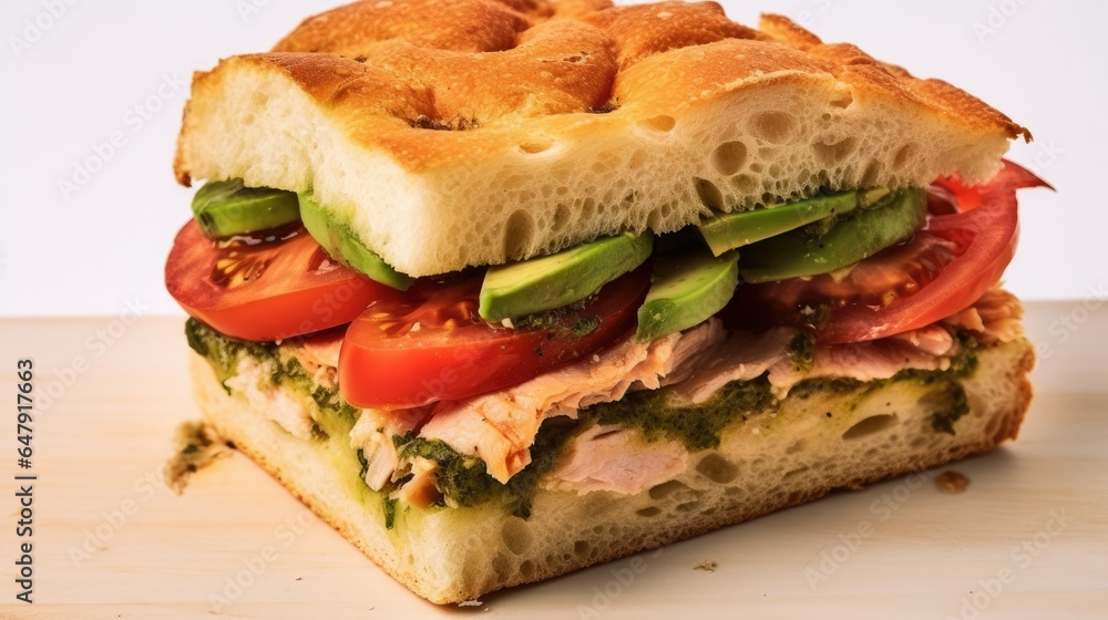 focaccia bread sandwich made of tuna mix, tomato, pesto, avocado, pickled jalapeno focaccia bread sandwich made of tuna mix, tomato, pesto, avocado, pickled jalapeno