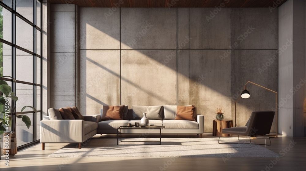 Modern interior design of a living room in an apartment, house, office, bright modern interior details and sun rays from the window against the background of concrete walls. 8k,