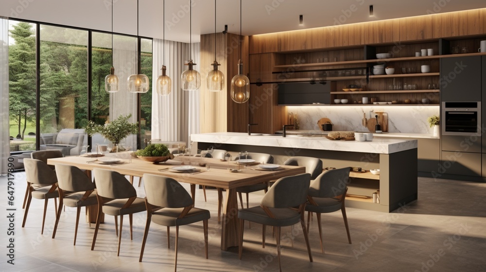 Modern kitchen and dining area in new luxury house 8k,