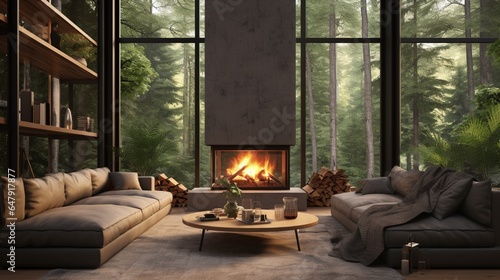 Modern interior with fireplace in house near forest, 3d 8k, © Counter