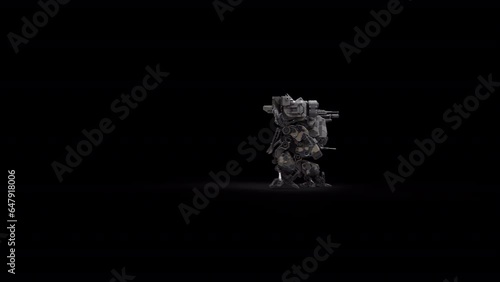 3D model of the robot, warrior futuristic machine rendering animation, rigged skeletal structure, walking - side right view, overlay with alpha matte channel option, SCI-FI concept. photo