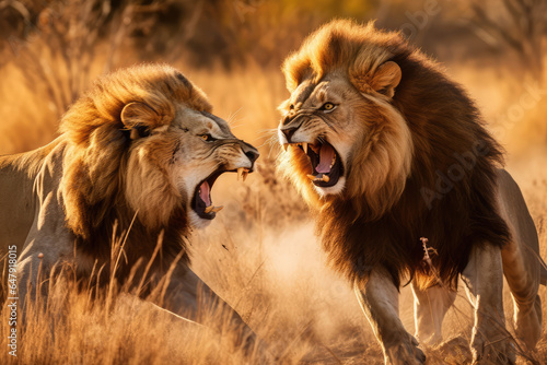 Two lions are fighting in the savannah grassland © Kien